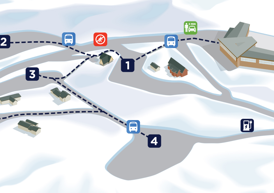 Snowy ski resort map showing bus stops, numbered routes, a no skiing icon, and a central building.